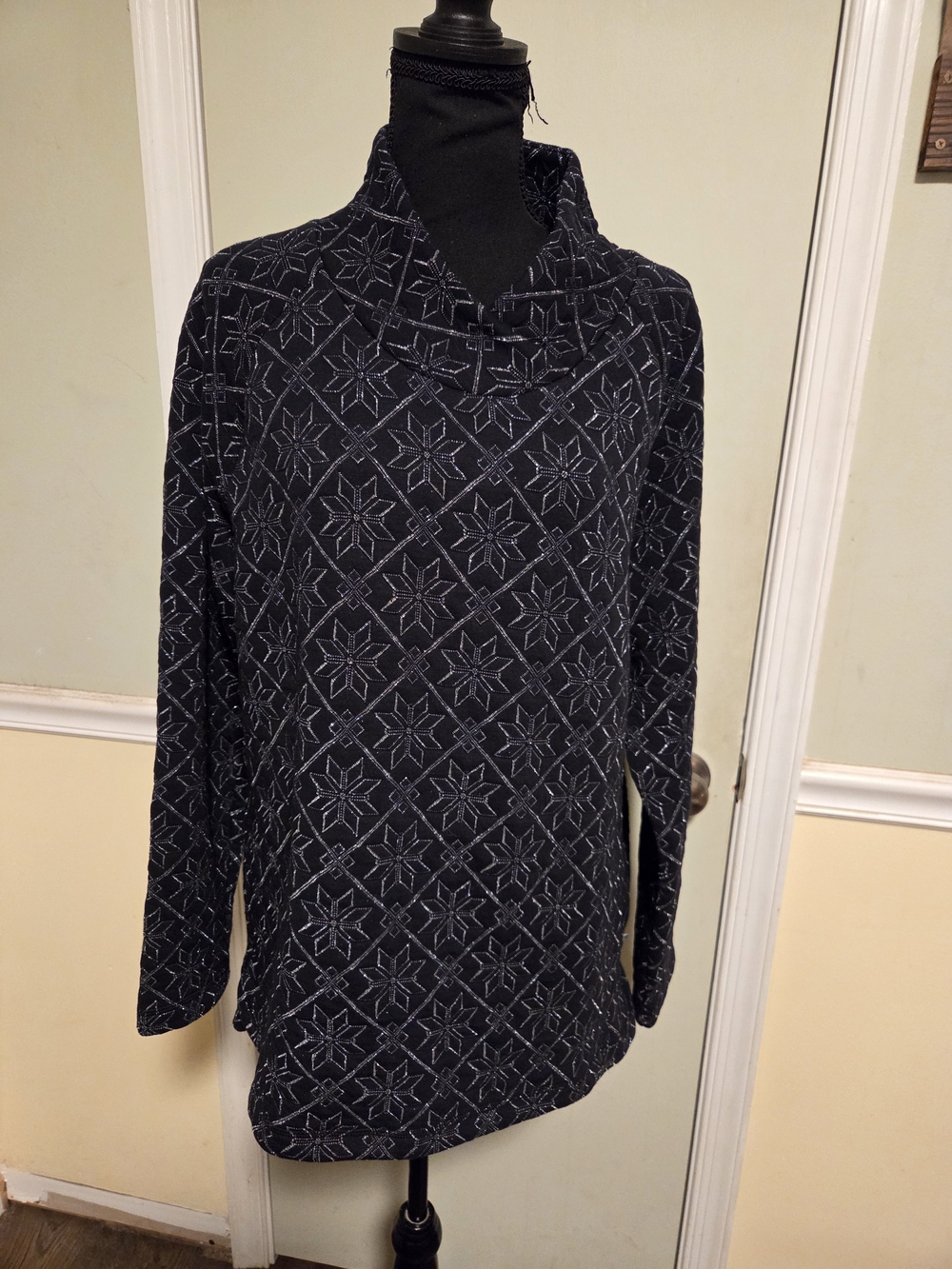 Talbots Black Geo Star Semi Cowl Neck Sweater